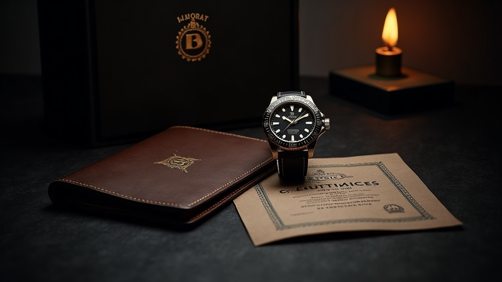 Luxury mechanical watch displayed with its complete full set — presentation box, warranty booklet, and numbered certificate card on a dark surface