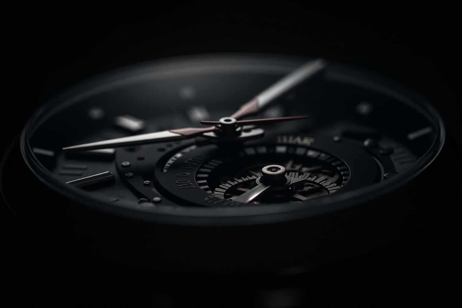 Macro close-up of a luxury mechanical watch dial featuring a retrograde minute display arc, dramatic editorial lighting