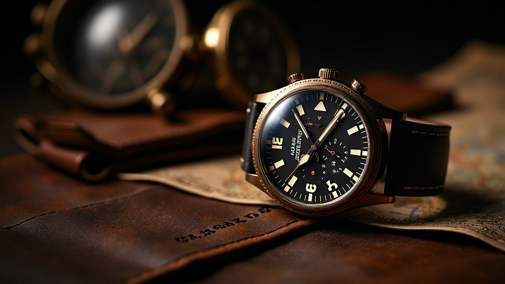 Vintage-inspired pilot's wristwatch with oversized crown, black dial and luminous Arabic numerals resting on an aviation leather flight jacket beside brass cockpit instruments
