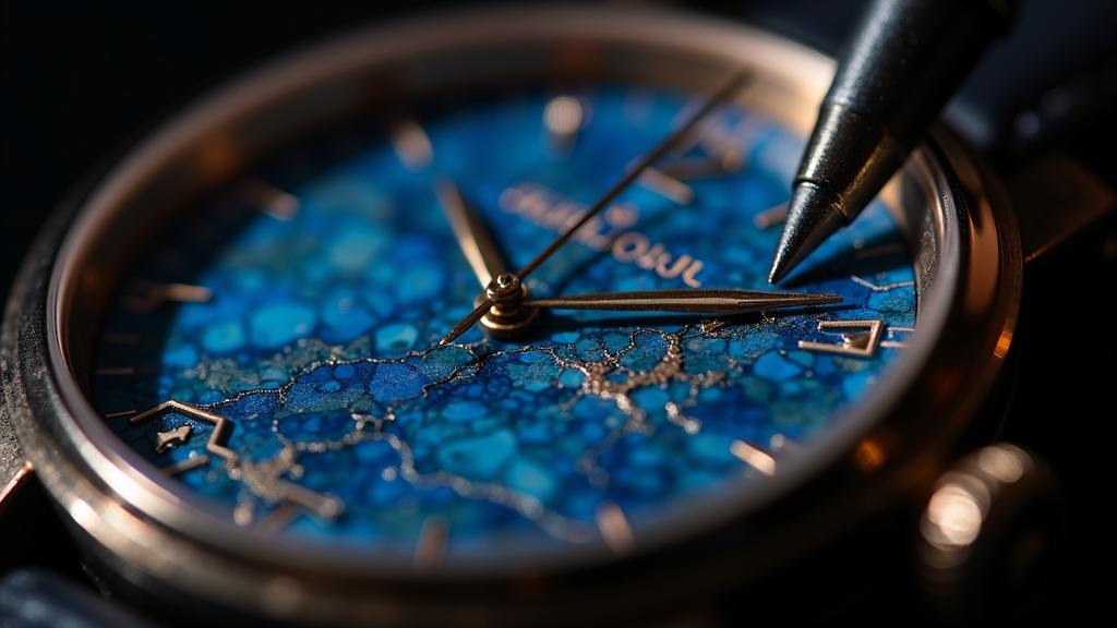 Close-up of a natural stone watch dial being crafted in a watchmaker's workshop, showing lapis lazuli mineral patterns and precision tools