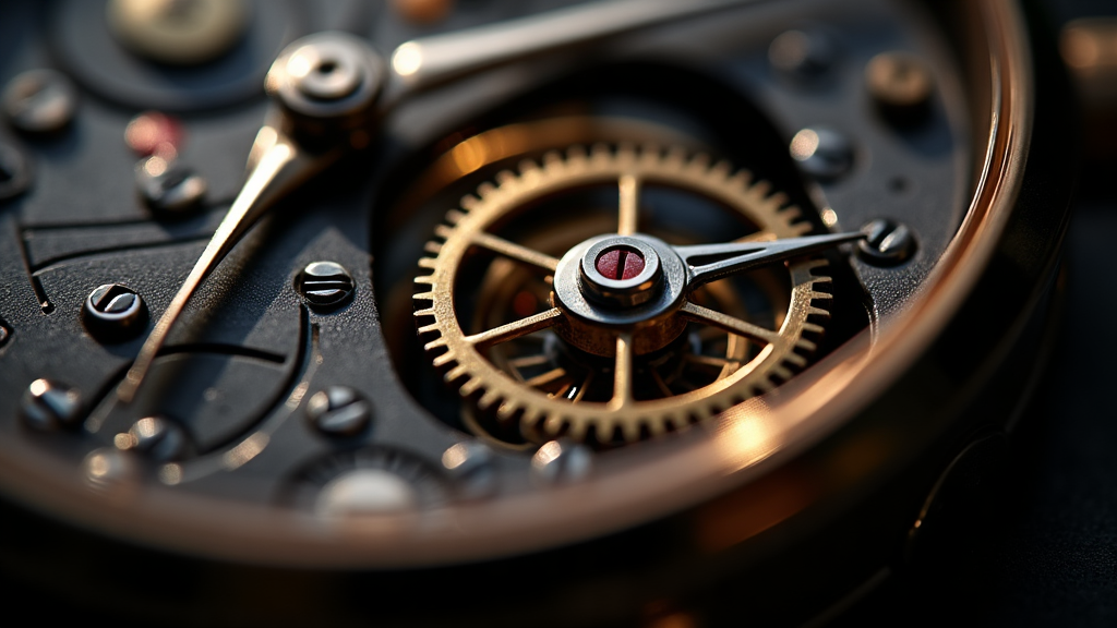 Extreme macro view of a mechanical watch escapement, polished steel pallet fork and escape wheel teeth catching golden light against a dark background