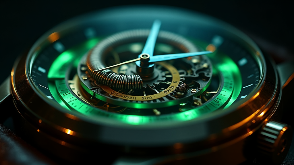 Extreme macro of a vintage Bulova Accutron electronic tuning-fork watch movement with glowing oscillator coils and tiny brass tuning fork, dramatic moody lighting