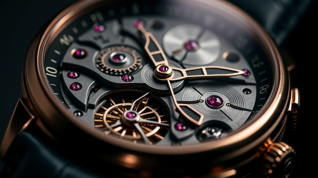 Macro photograph of an exposed mechanical watch movement showing bridges, jewels, gear train and balance wheel under dramatic lighting
