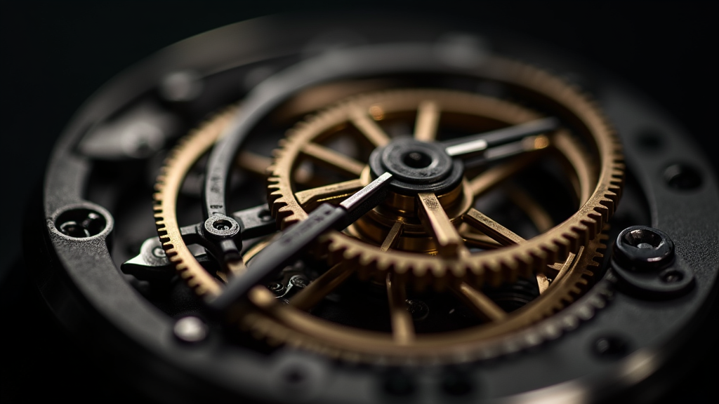 Extreme macro view of a chronograph column wheel with polished vertical pillars surrounded by finely finished steel levers inside a luxury mechanical movement