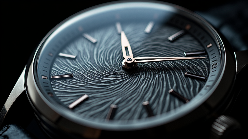 Macro close-up of a Damascus steel watch dial showing flowing layered pattern in dark and light metal