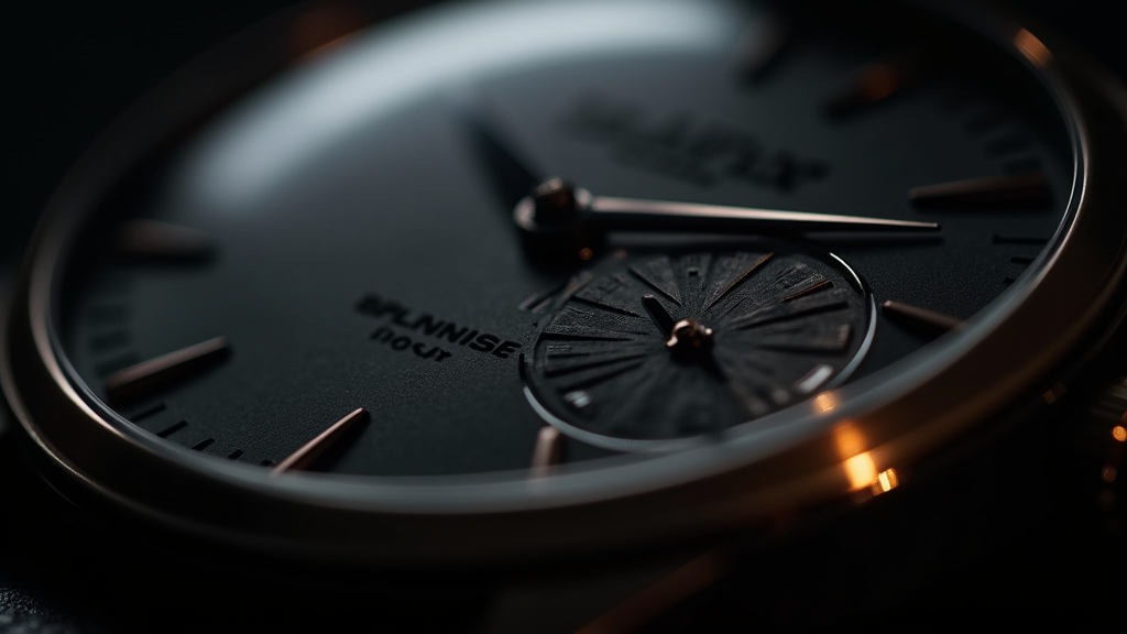 Macro close-up of a jumping hour watch dial showing a bold numeral displayed through an aperture window, dramatic editorial lighting