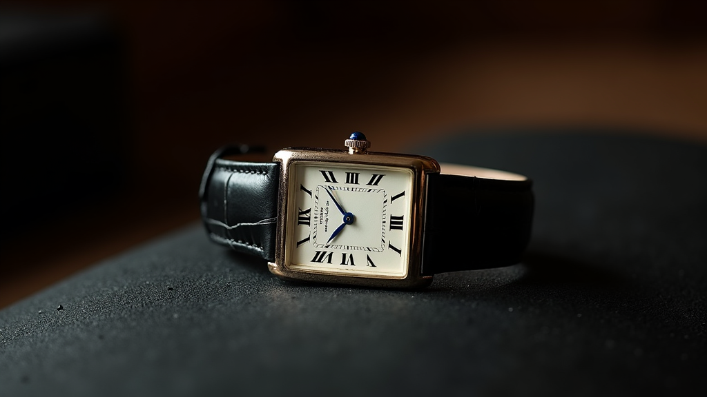 Vintage rectangular Cartier Tank-style dress watch with white dial, Roman numerals, and blued steel hands on a dark surface