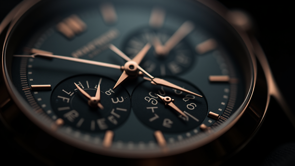 Macro view of a régulateur watch dial with the hours, minutes, and seconds displayed on separate subdials