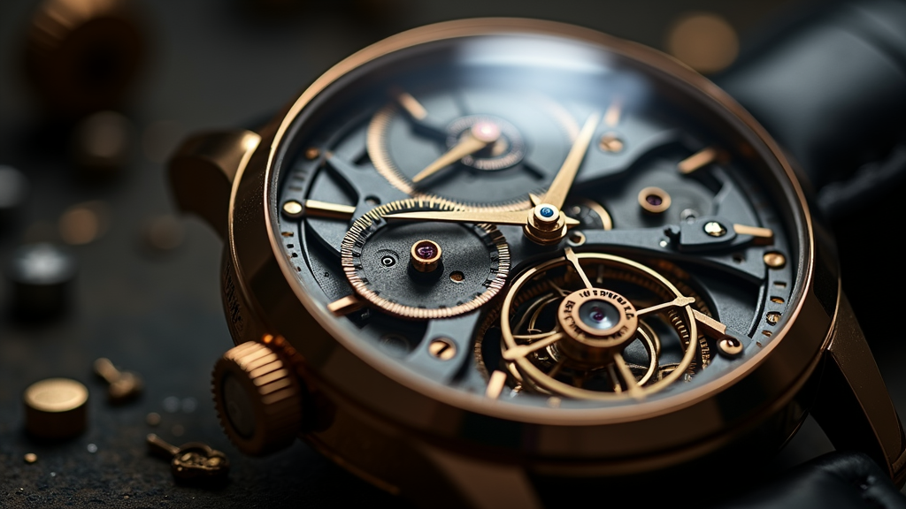 Macro view of a luxury mechanical watch movement with an exposed power reserve indicator and gold gears under dramatic moody lighting