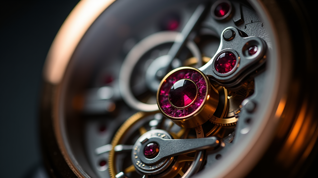 Macro view of synthetic ruby jewel bearings set in gold chatons within a luxury mechanical watch movement