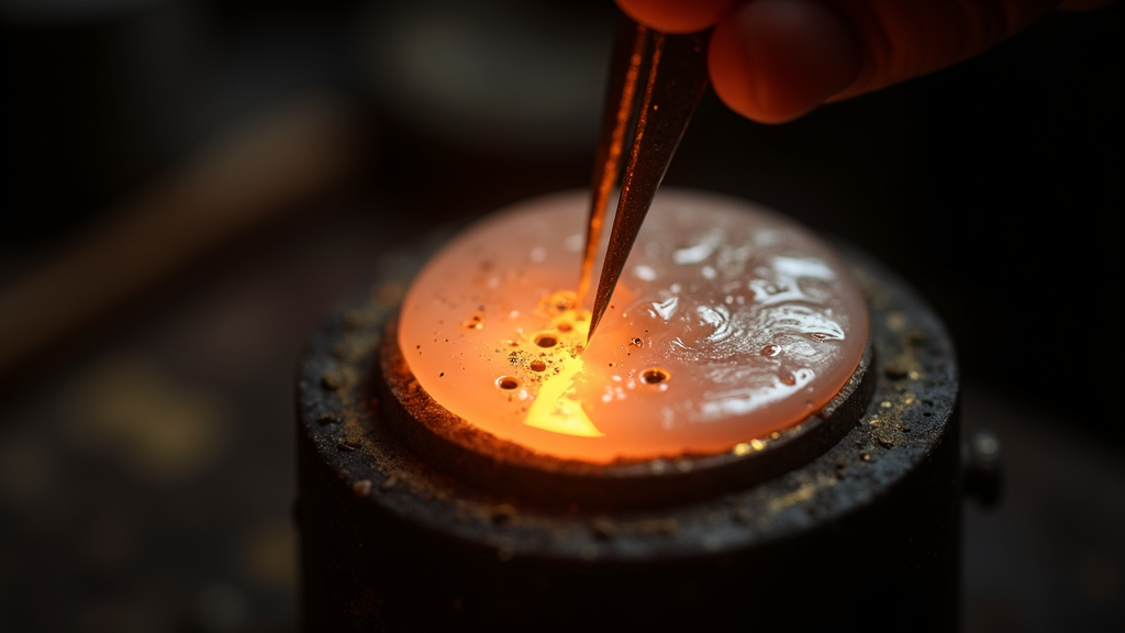 Grand feu enamel watch dial being lifted from a small kiln, glowing molten white surface with cloisonne gold wire partitions