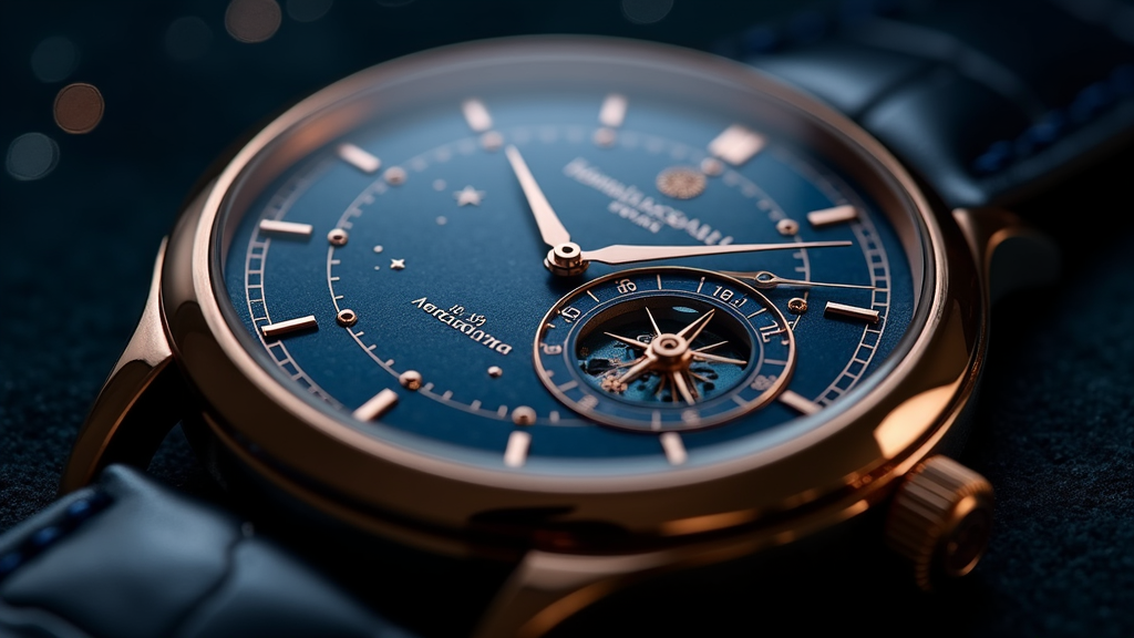 Macro view of a luxury mechanical watch dial featuring an equation of time complication with analemma curve on midnight blue guilloché