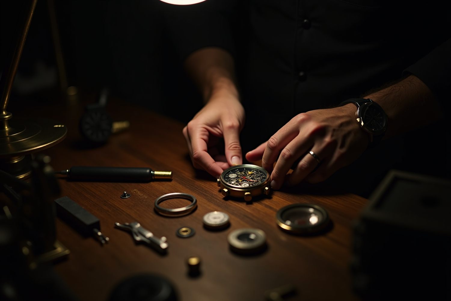 Independent watchmaker hands working on a luxury mechanical movement at a workbench