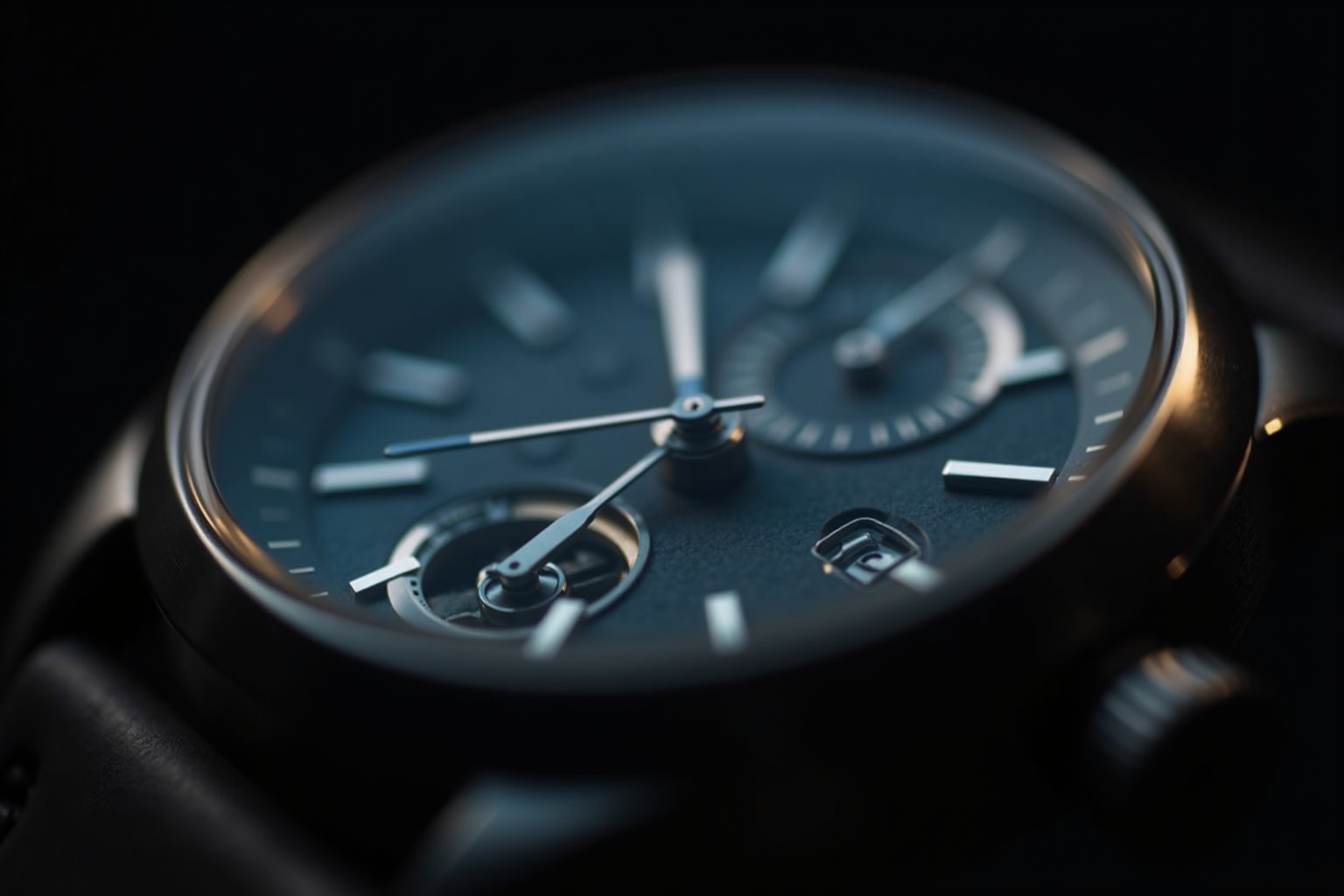 Macro detail of sapphire crystal on a luxury mechanical watch with hints of movement visible beneath
