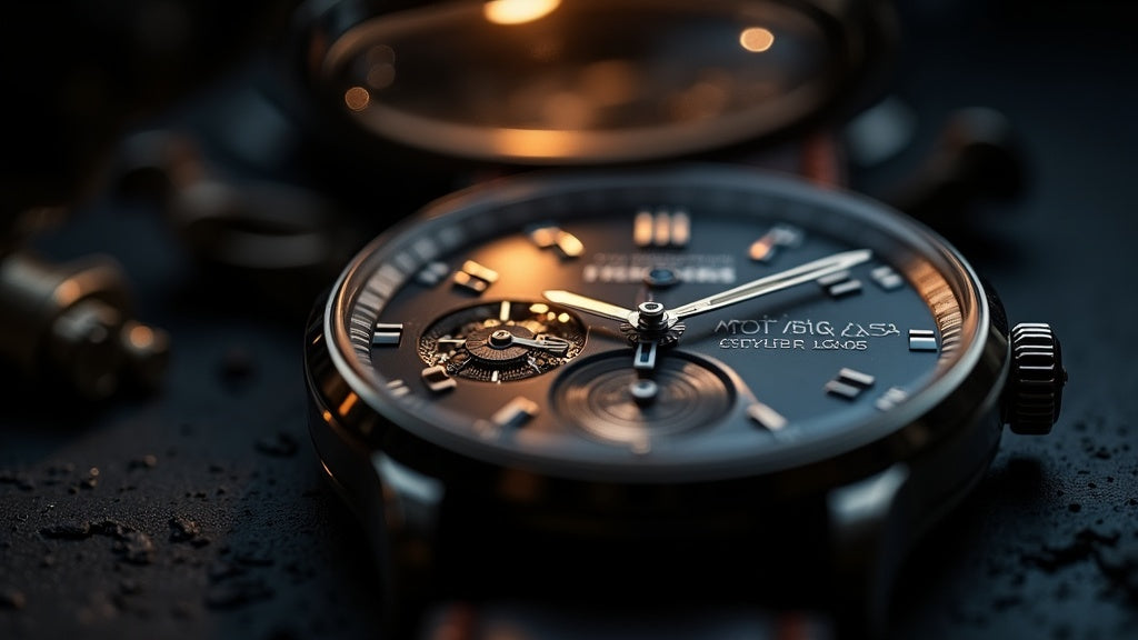 Watchmaker's loupe magnifying a luxury watch dial revealing authentication details