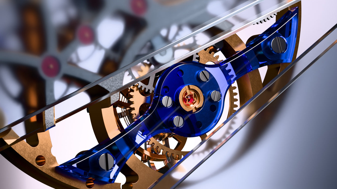 Blue-tinted sapphire tourbillon bridge