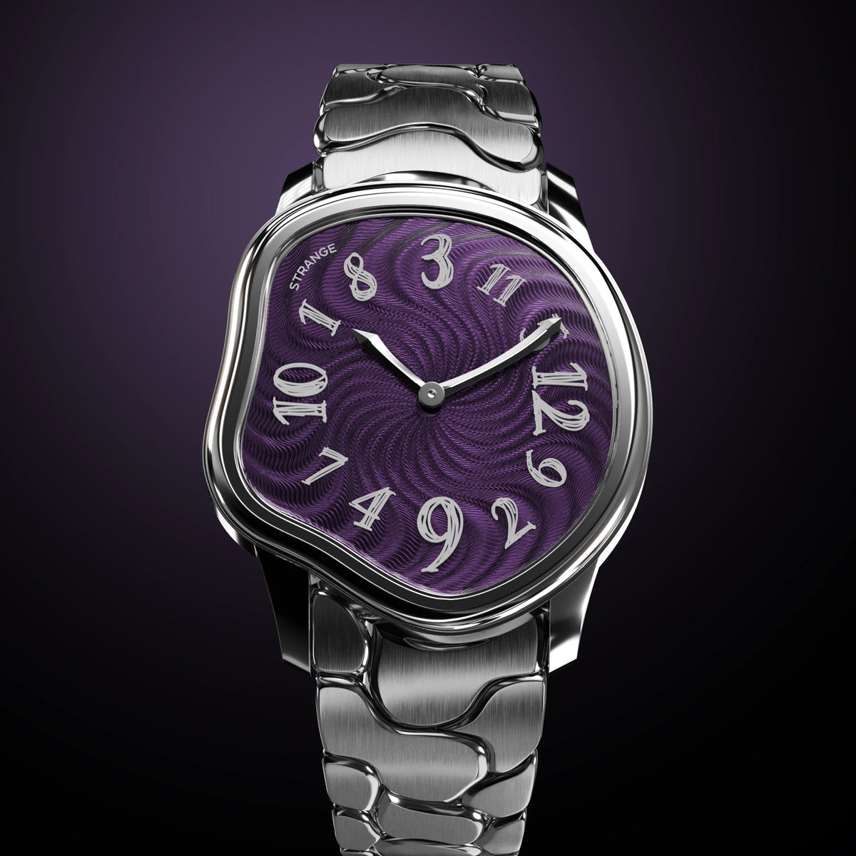 Grandeur Strange Quartz Guilloché Enamel watch in Plum Purple on the bracelet