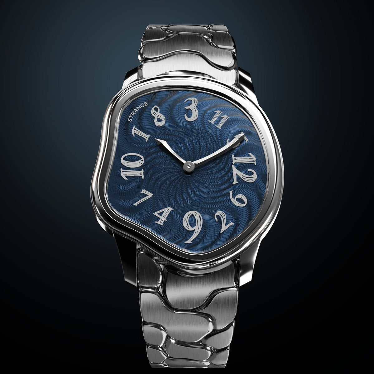 Grandeur Strange Quartz Guilloché Enamel watch in Slate Blue on the bracelet