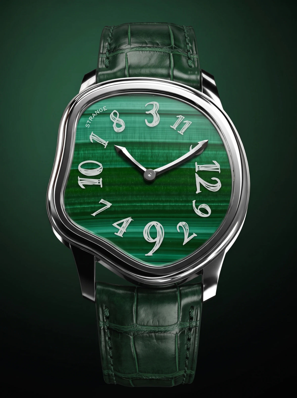 Grandeur Strange Quartz Stone Edition watch with a Malachite dial on a green leather strap
