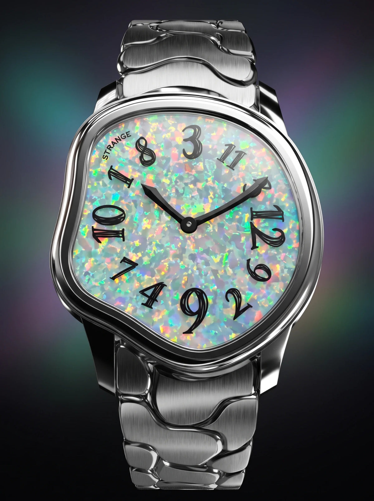 Grandeur Strange Quartz Stone Edition watch with a White Opal dial on the steel bracelet