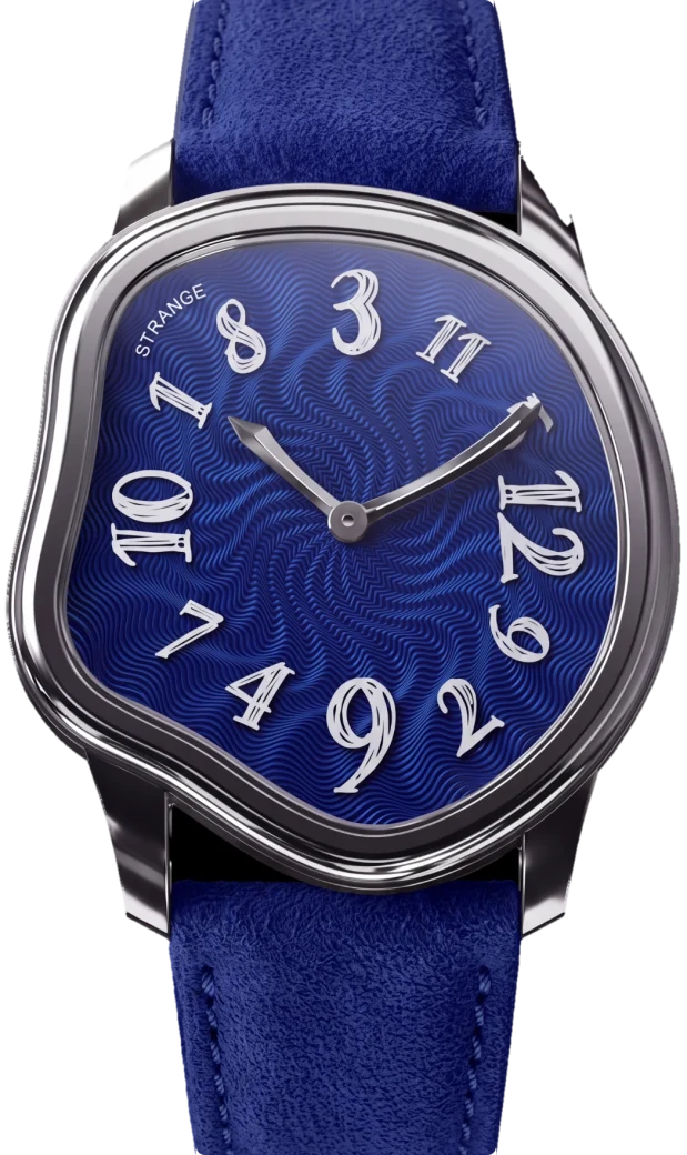 Strange Quartz with an indigo blue guilloché enamel dial, polished steel case and blue suede strap