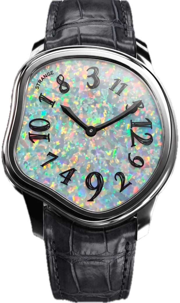 Strange Quartz with a white opal stone dial, polished steel case and grey leather strap