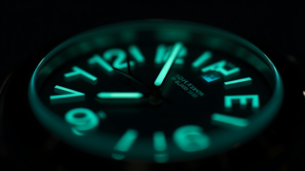 Macro shot of a mechanical watch dial with cyan-green lume hands and indices glowing in darkness
