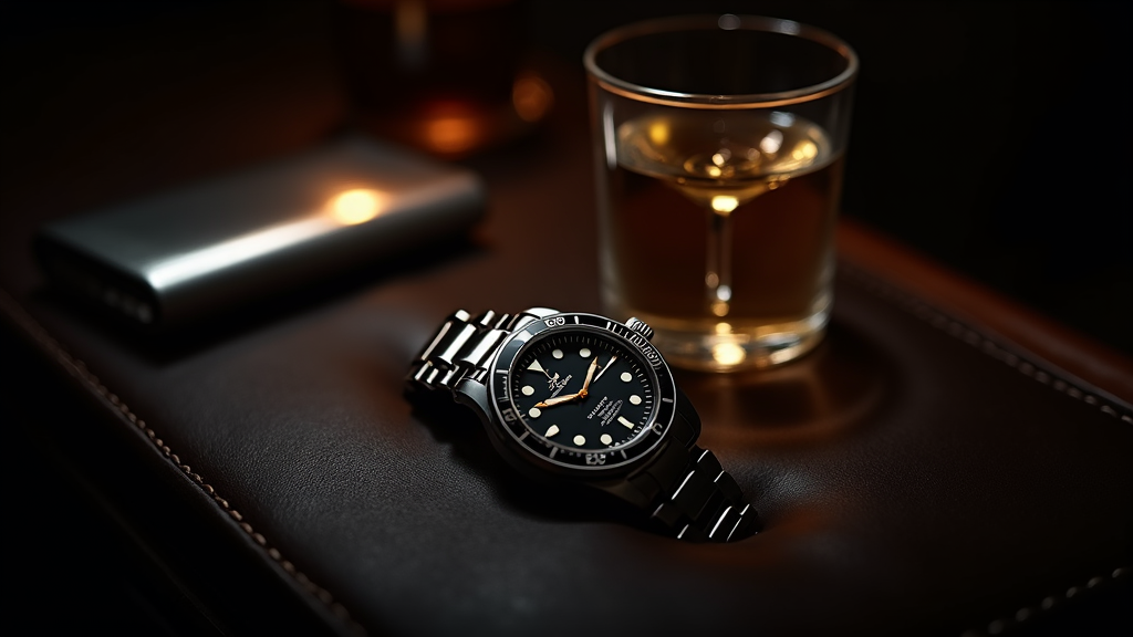 Vintage-style dive watch on dark leather beside a martini glass in cinematic spy-film lighting