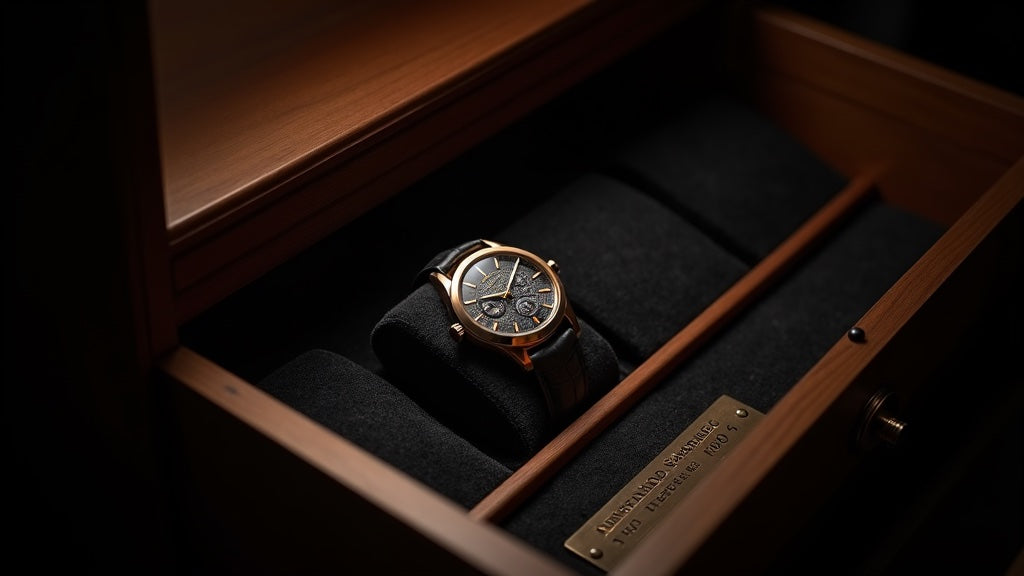 A numbered limited edition luxury watch displayed on dark velvet beside its certificate of authenticity