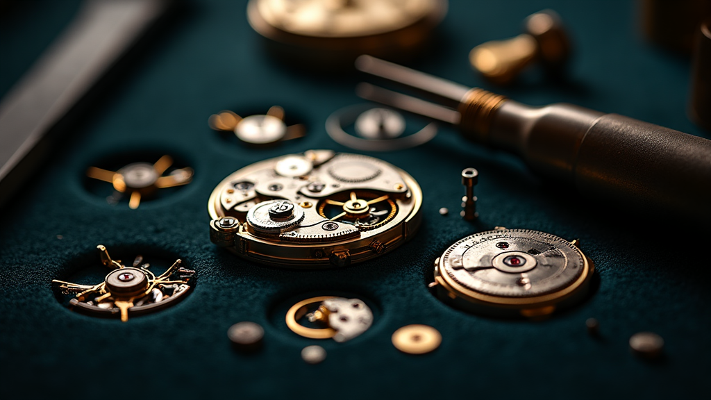 Disassembled mechanical watch movement components arranged on dark velvet beside watchmaker tweezers during a service overhaul
