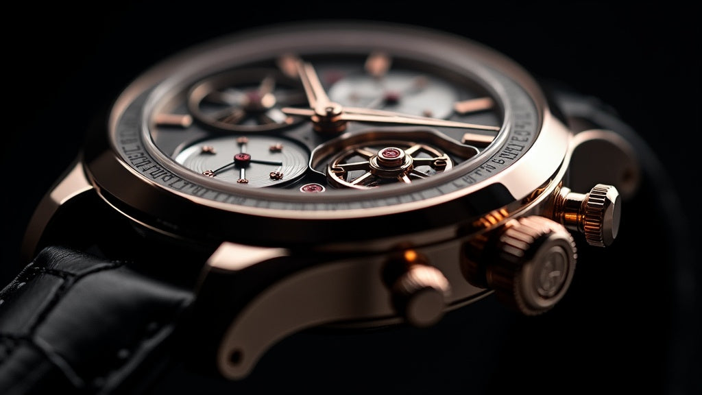 Macro close-up of a mechanical chronograph movement with column wheel, vertical clutch, and Geneva-striped bridges in polished steel and rose gold.