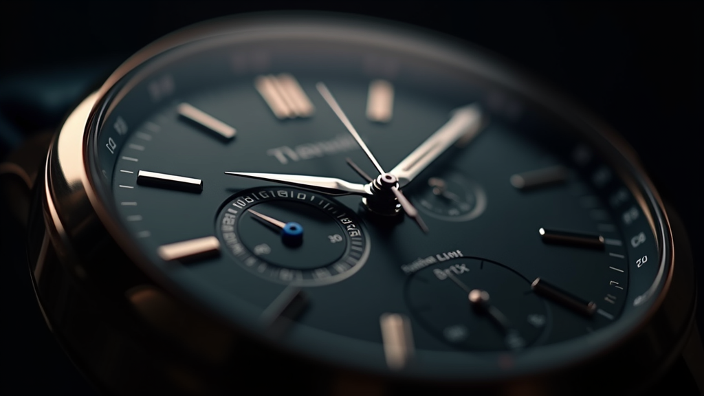 Macro view of a mechanical watch dial with a dead-beat seconds hand snapped precisely onto a marker under moody golden light