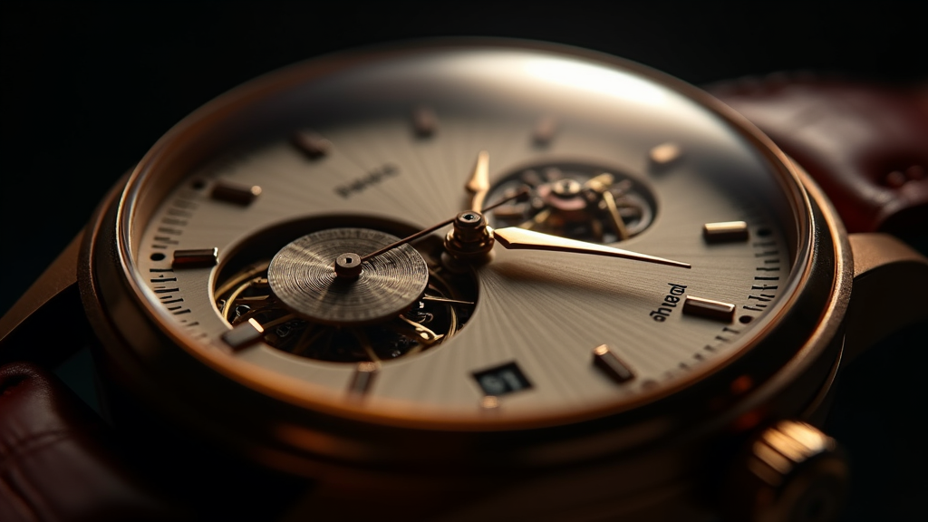 Macro view of a mechanical alarm wristwatch with dual crowns and an exposed hammer striking a case-back gong