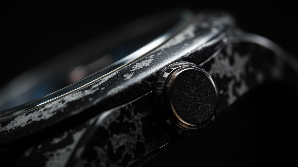 Macro close-up of forged carbon fiber watch case showing chaotic marbled pattern