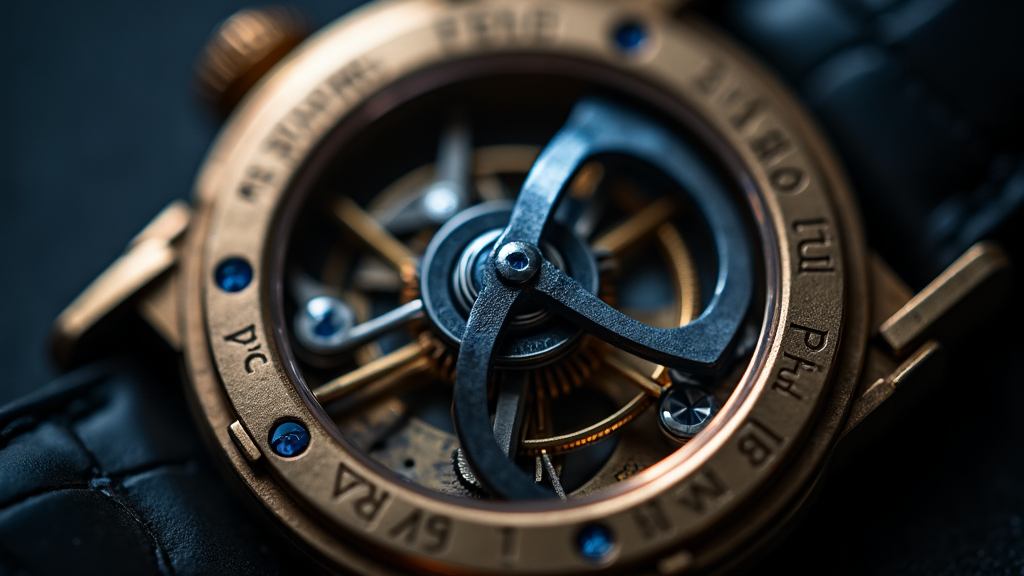 Macro view of a luxury mechanical watch mainspring coiled inside its brass barrel, blue-steel spring catching golden rim light