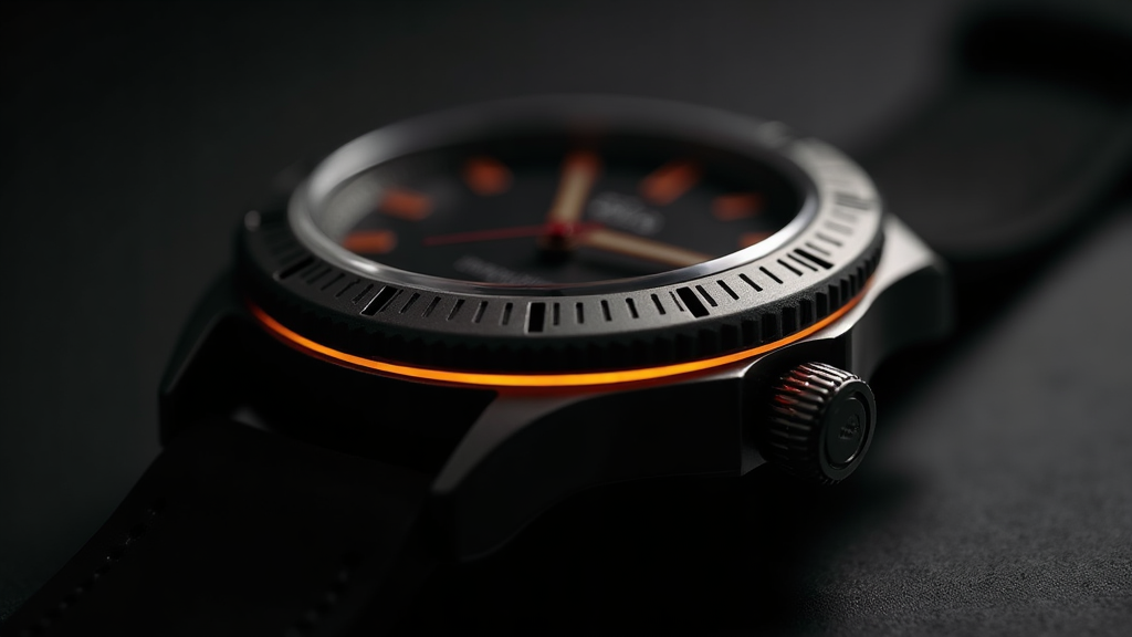 Macro photograph of a matte black high-tech ceramic watch case and bezel with a warm gold rim light, illustrating scratch-resistant zirconia ceramic in watchmaking