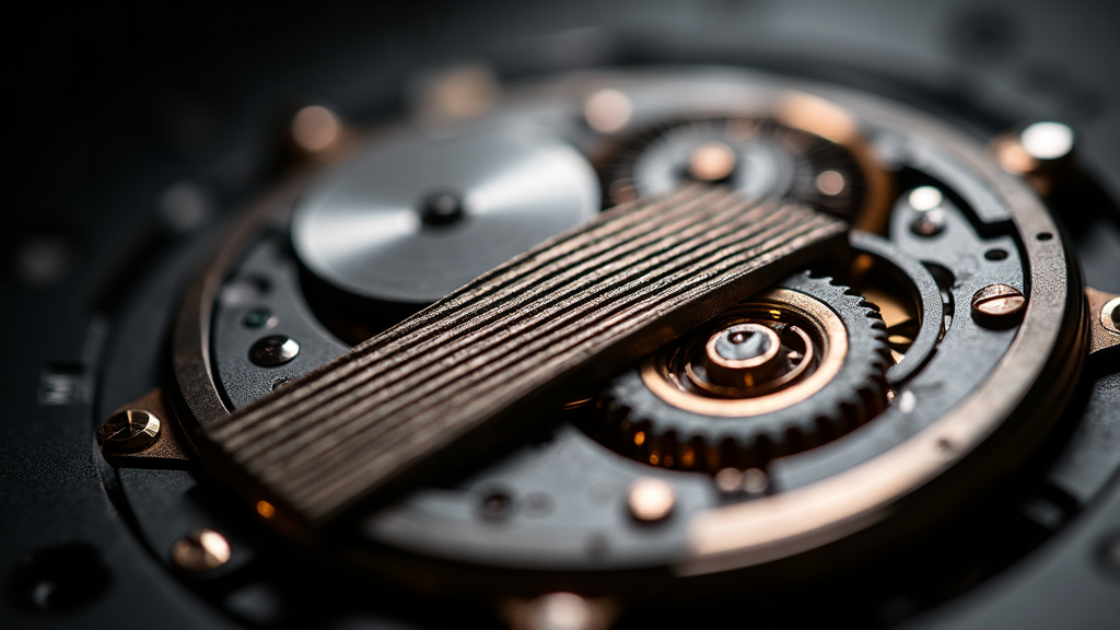 Macro view of a mechanical watch movement bridge decorated with Côtes de Genève Geneva stripes finishing catching raking light