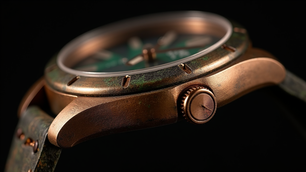 Macro of a bronze mechanical watch case developing a warm patina with green verdigris at the lugs