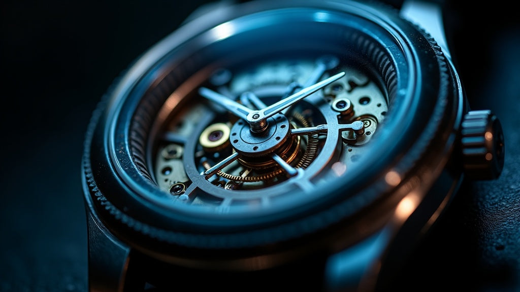Macro view of a mechanical watch movement with cool blue rim light evoking magnetic energy and a soft iron inner case