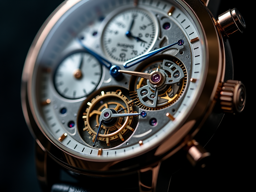 Macro close-up of a perpetual calendar watch movement showing intricate gears, cams, and levers