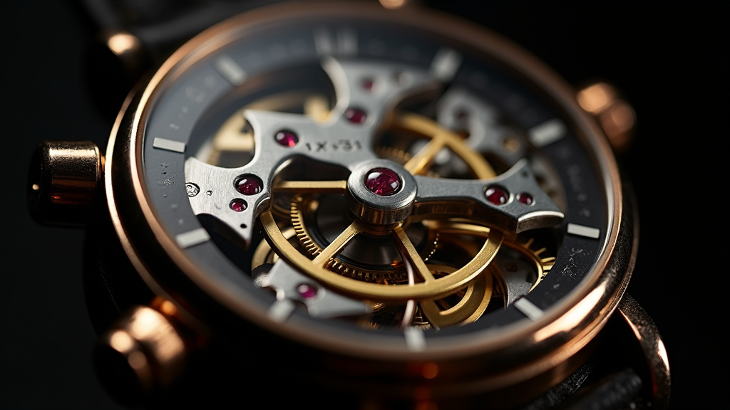 Extreme macro photograph of a mechanical watch balance wheel oscillating inside a luxury movement with polished steel, brass, and ruby jewel bearings