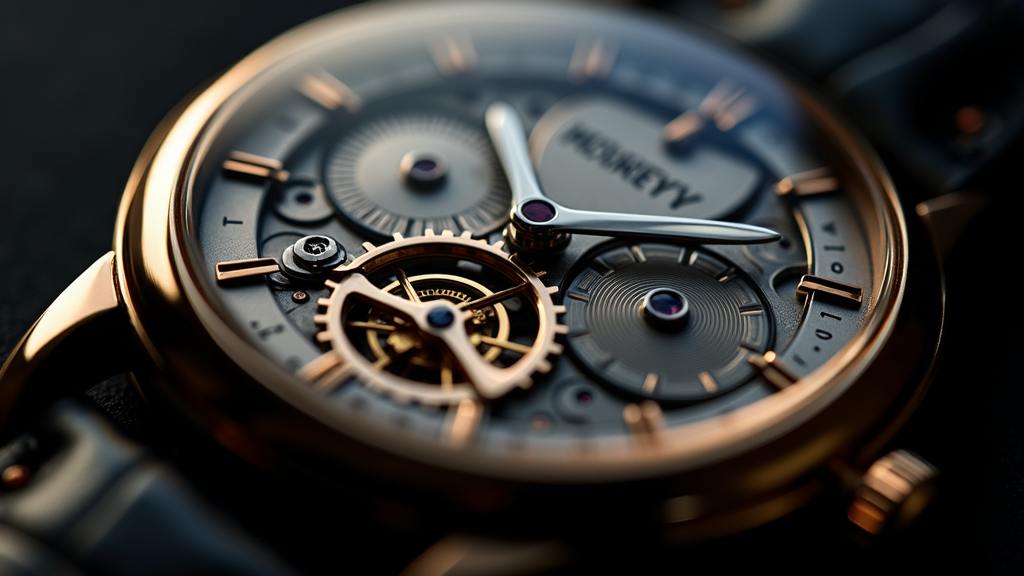 Macro view of a split-seconds rattrapante chronograph movement showing twin polished clamp arms and a mirror-polished heart-shaped cam