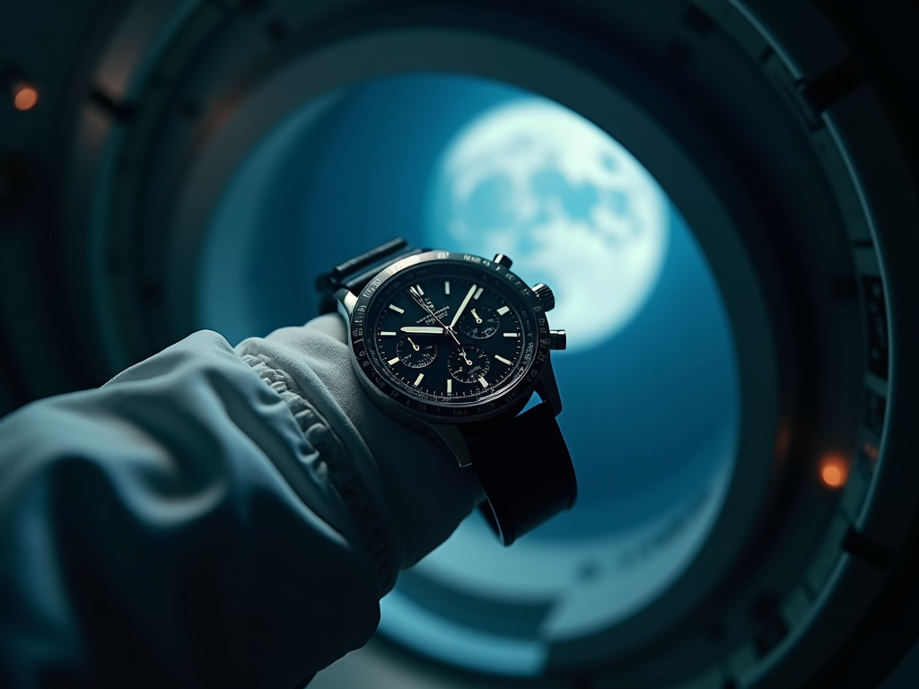 Vintage chronograph wristwatch floating weightlessly in an Apollo-era space capsule, Earth visible through porthole