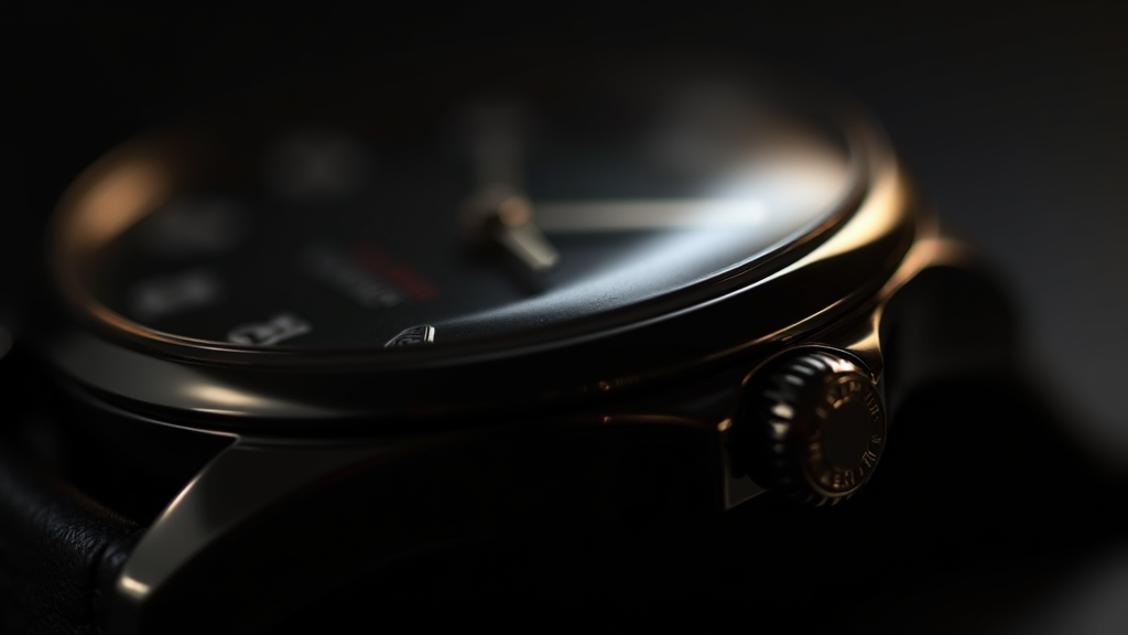 Macro close-up of a mirror-polished Zaratsu-finished stainless steel watch case bezel reflecting a straight light source with no distortion, moody studio lighting