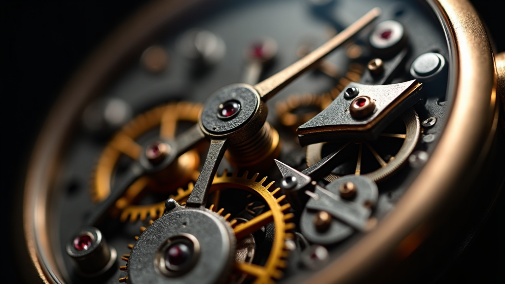 Macro view of a fusée-and-chain mechanism inside a luxury mechanical watch movement, tiny chain wrapped around a brass cone against a dark background