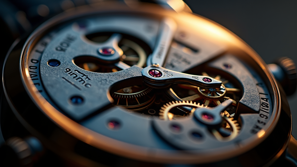 Macro view of a hand-finished mechanical watch movement with polished bevels, blued screws, and Côtes de Genève striping