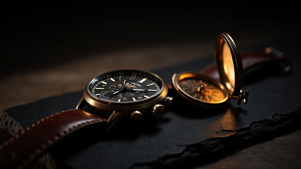 Vintage mechanical wristwatch on a worn leather strap beside an antique open pocket watch on dark slate, moody editorial lighting