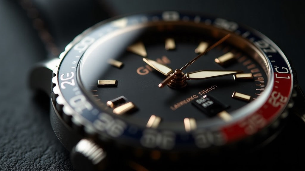 Macro close-up of a mechanical GMT watch dial with a 24-hour GMT hand and two-tone rotating bezel, lit with dramatic warm light against a dark background