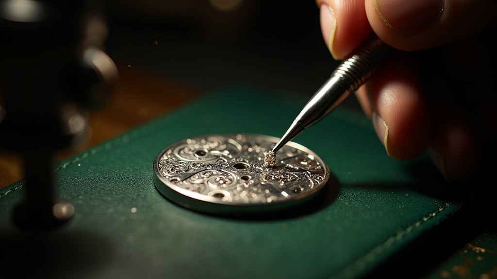 Master watchmaker hand-engraving scrollwork onto a steel watch movement bridge with a burin under warm lamplight