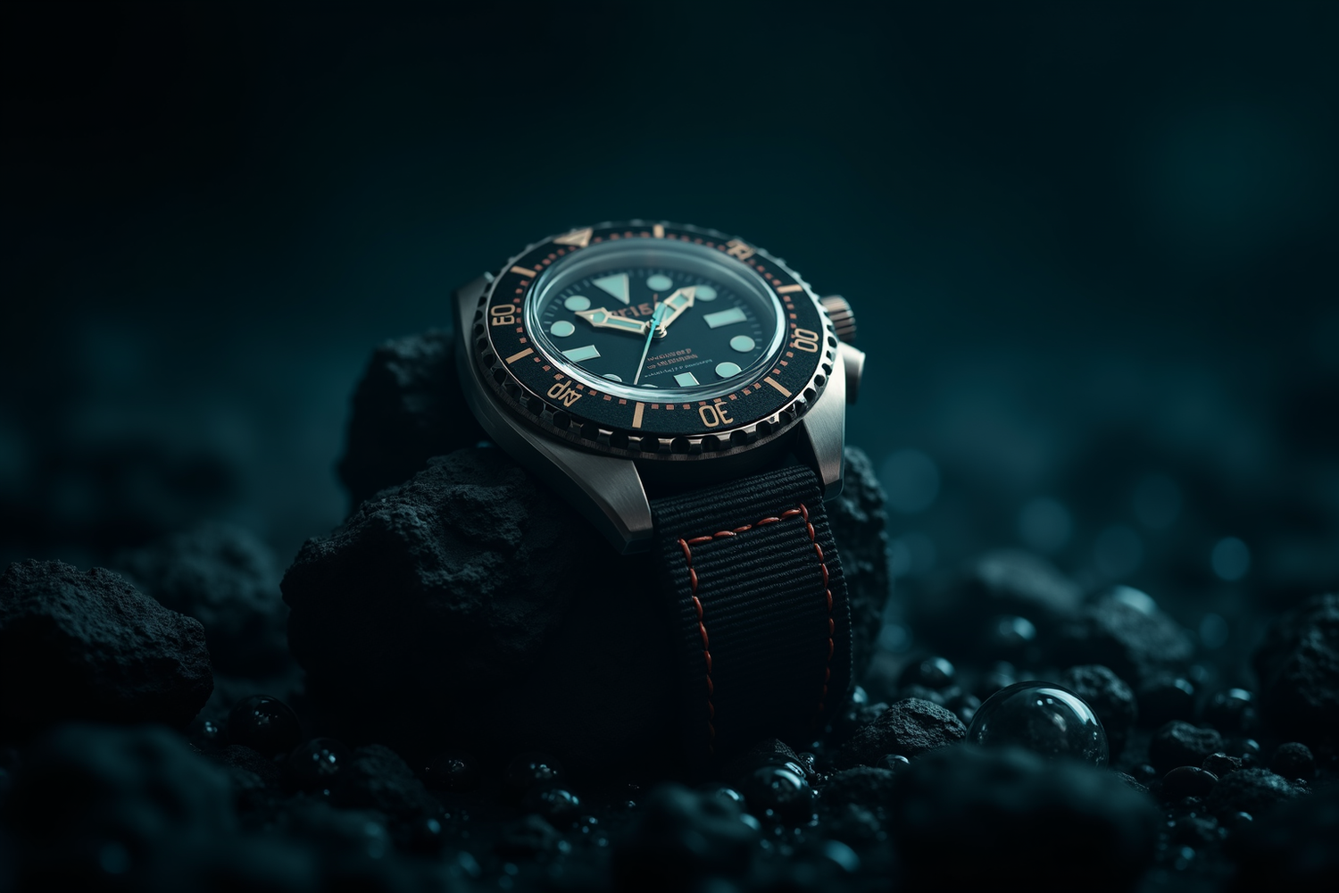 Vintage mechanical dive watch resting on volcanic stone with water droplets, luminous dial glowing cyan against dark editorial lighting